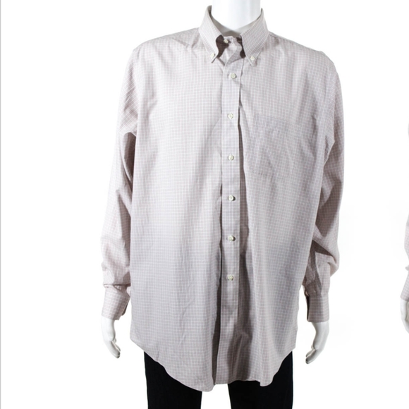 BROOKS BROTHERS MENS COTTON BUTTON DOWN GRID SHIRT WHITE BLACK RED SIZE LARGE - Picture 2 of 4